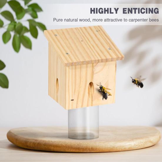 Carpenter Bee Trap Outdoor Hanging Bee Catcher Trap Kit Wooden Insect Trapping Box with Plastic Jar for Swarm Control