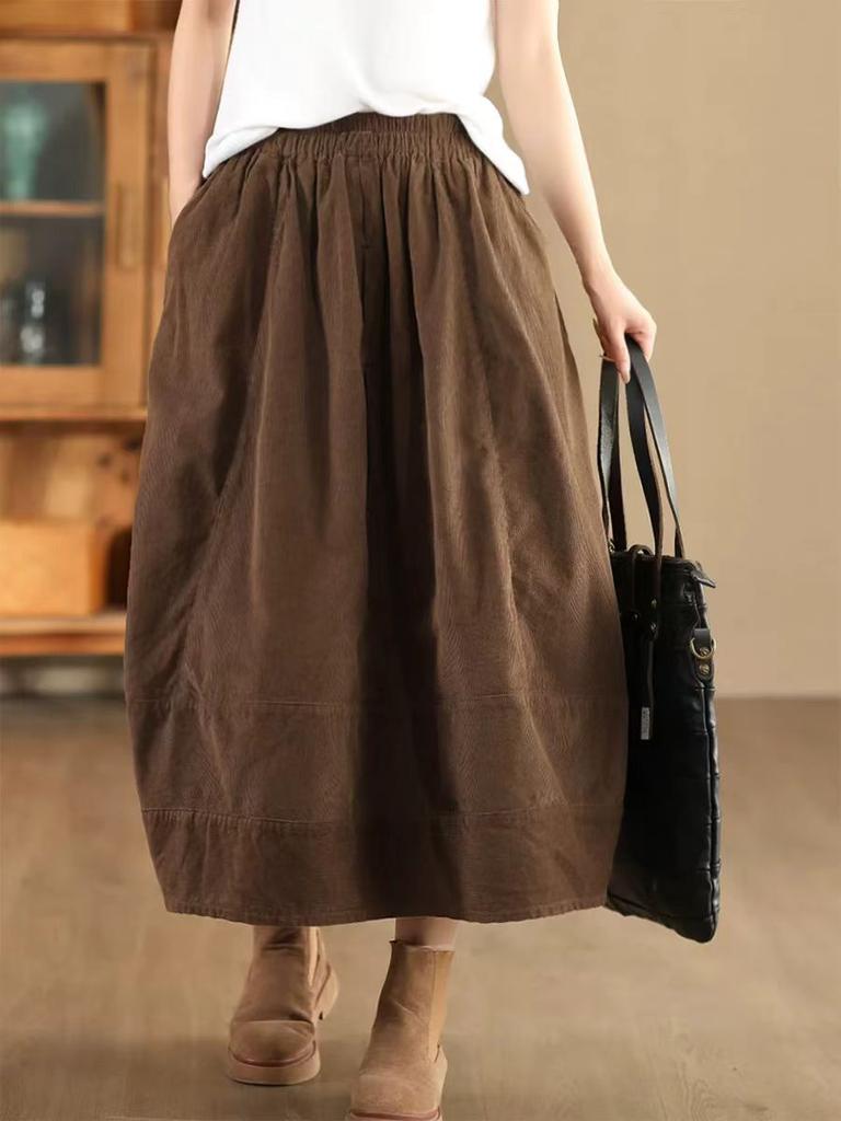 Johnature Woman Autumn Niche Elastic Waist Solid Color Casual A-Line Skirt Fashion Vintage Chinese Style Retro Skirt
