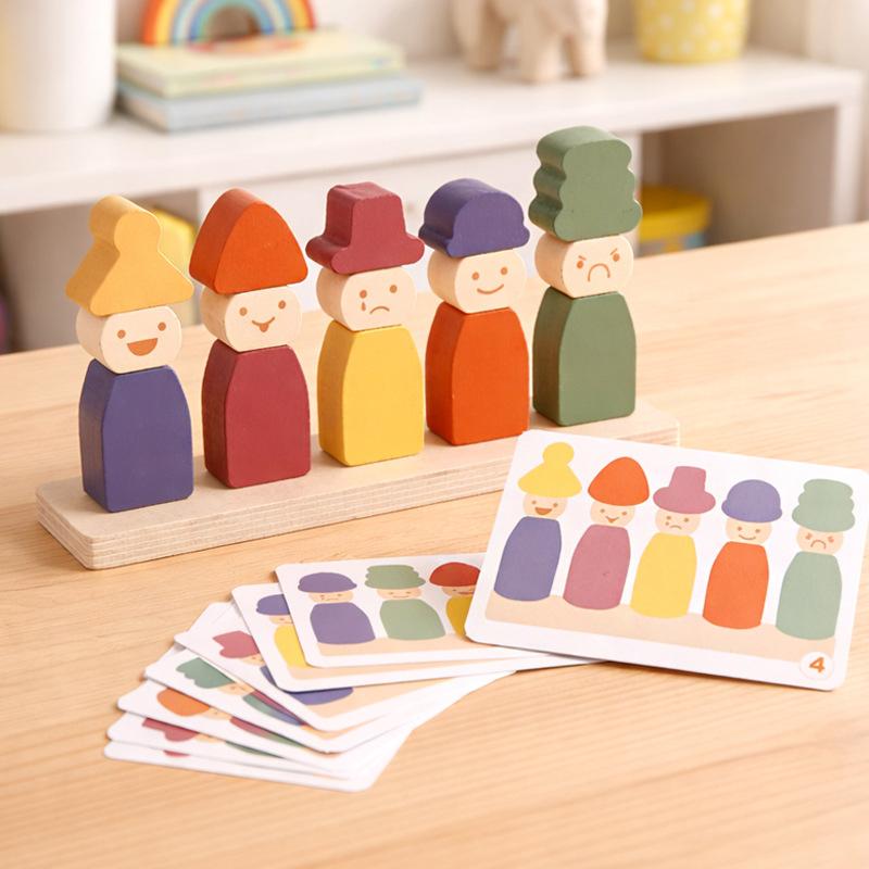 Color Sorting Toys Montessoris Wooden Early Learning Toys Fine Motor Skills Puppet Hat Face Match Creative Stacking Toys For Kid