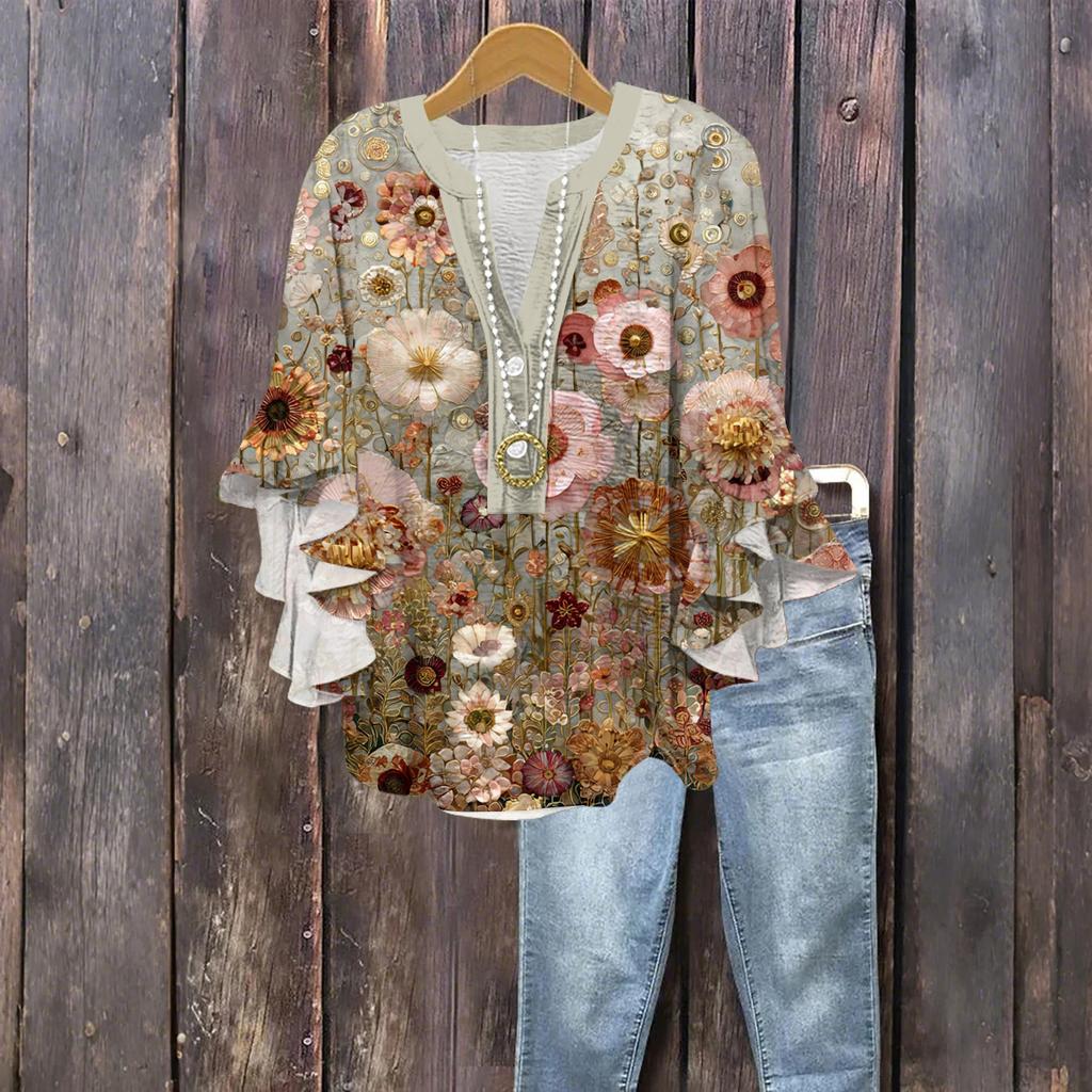 Dámská módní knoflíková halenka s volánky a sedmivteřinovým rukávem, top s květinovým potiskem