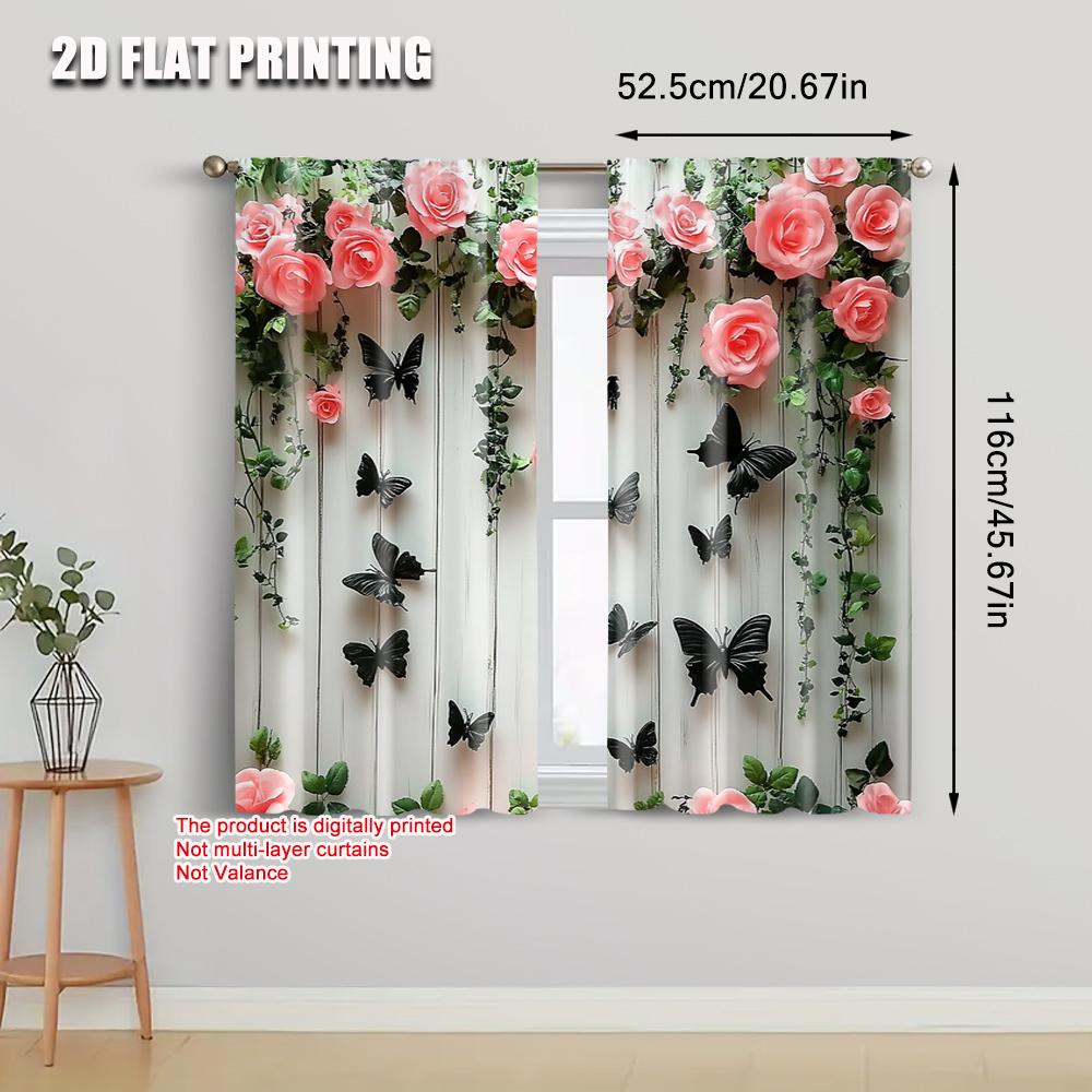 2pcs   Curtain Fabric 2D print Butterflies and pink roses Versatile Durable Polyester (without rod) Decorations For Home Use for