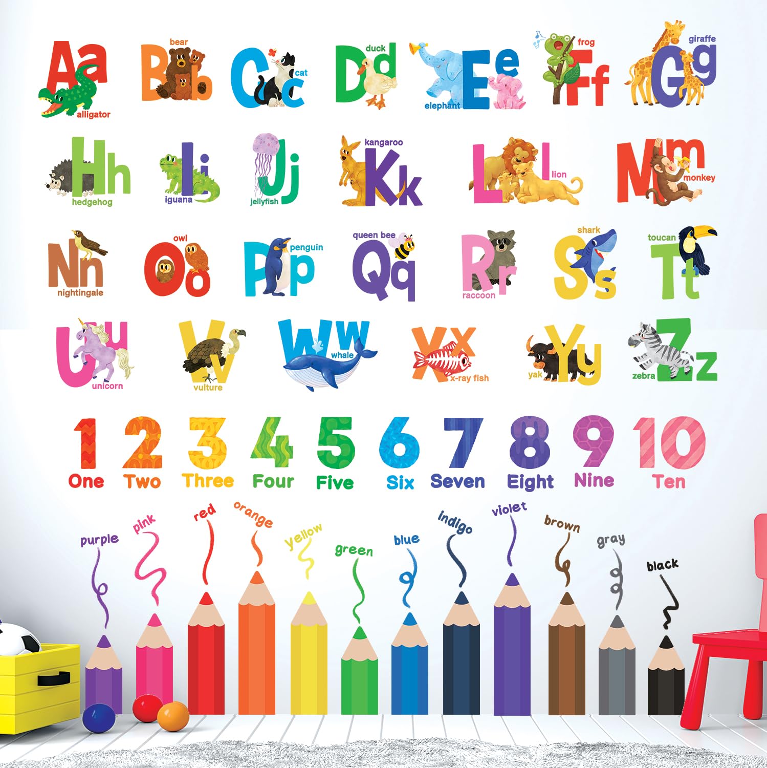 

DECOWALL Colored Pencil Wall Stickers for DIY Wall Transfer Wall Art Stickers for Room Living SG3-2316 Alphabet, Numbers, Kindergarten, Nursery, Kids