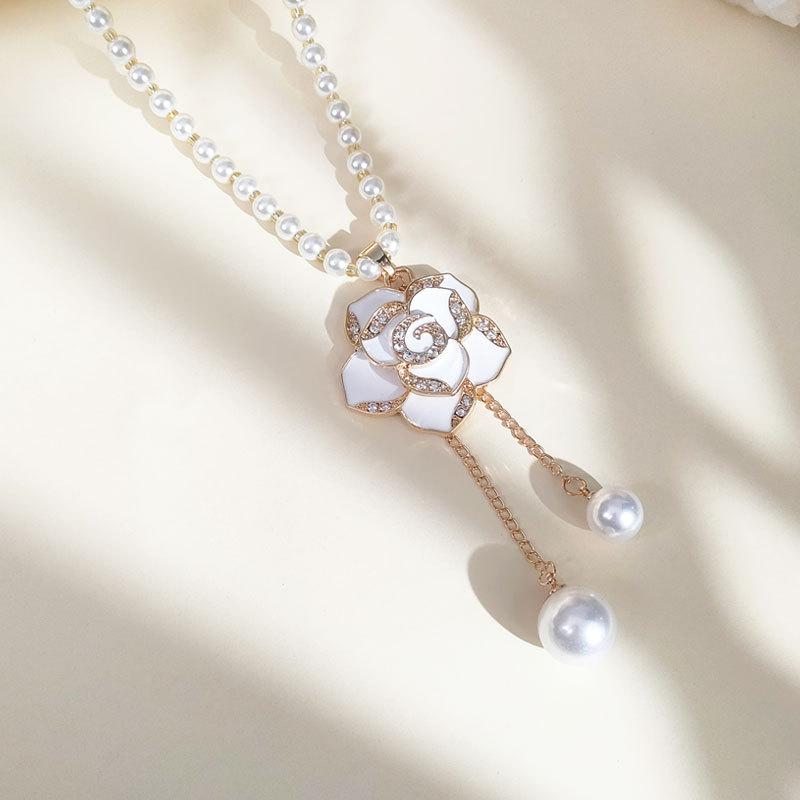 Elegant Women's Tassel Camellia Pearl Sweater Necklace
