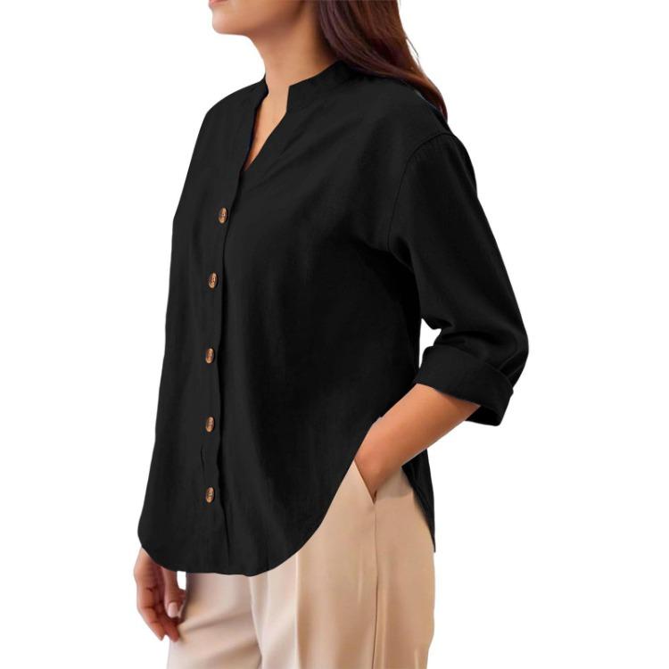 Lightweight Casual Blouse Loose Fit Button Down Shirt Long Sleeve Stand Collar Everyday Wear Relaxed Fit Women