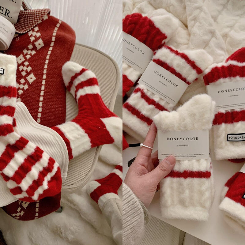 Women s Winter Christmas Striped Red Wool Socks ONE