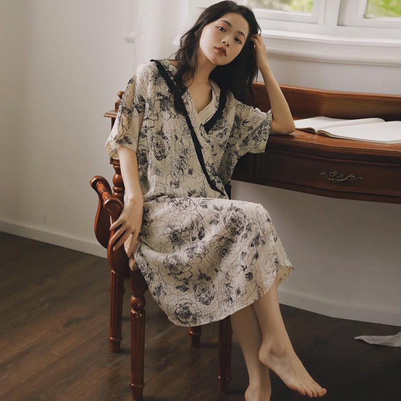 2025 Summer Kimono Maternity Nightdress - Crinkle Cotton, Postpartum Mid-Length, Short Sleeve Nursing Dress