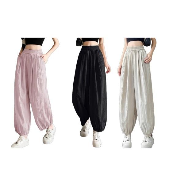 Women Pants Wide Elastic Waistband Anti-Wrinkle Fabric Loose Fit Harem Trousers with Pockets Pure Color Travel Work Pants