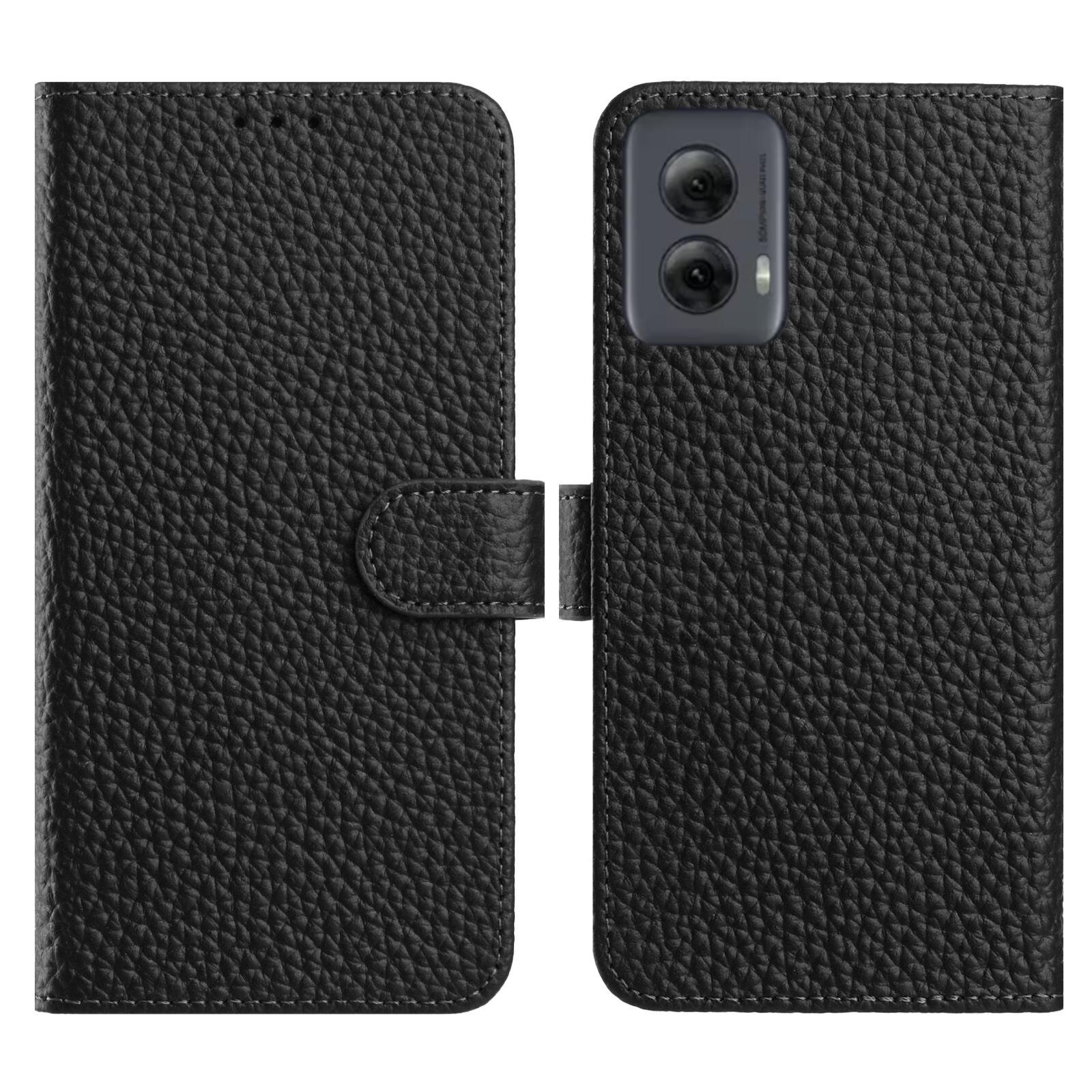 

For Motorola Moto G Power (2024) Case Wallet Stand Litchi Texture Genuine Cow Leather Flip Phone Cover Black