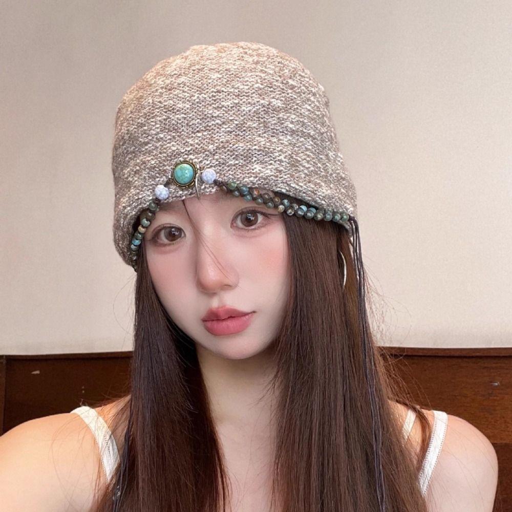 Ethnic Style Bohemian Beanies Hat Coldproof Jacquard Woolen Hat Casual Beaded Fringed Cap  Female