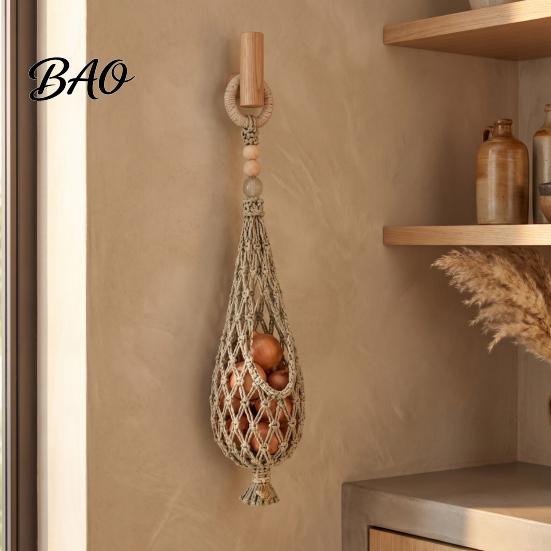 Onion And Potato Storage Keeper Handwoven Cotton Rope Mesh Bag, Wall-Mounted Bohemian Style Organizer, Hanging Fruit Vegetable Hammock Breathable
