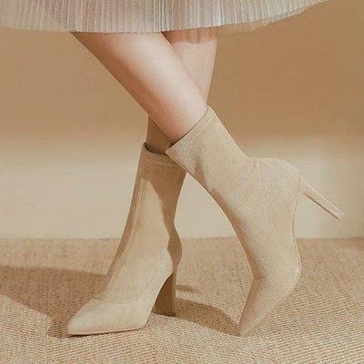 New Black Pointed High-heeled Short Boots Women's Spring and Autumn Single Boots Pointed Thin Medium Tube Elastic Thin Boots