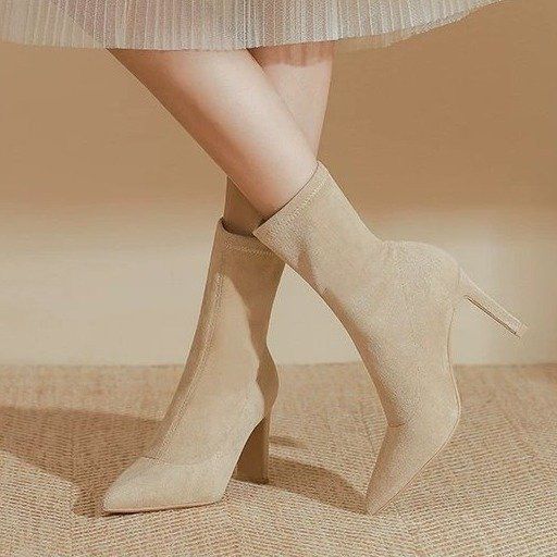 New black pointed high-heeled short boots women's spring and autumn single boots pointed thin medium tube elastic thin boots