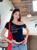 Women's Off Shoulder Short Sleeve Crop Top Slim Fit Vintage Letter Print T Shirt Summer Y2K Casual Spice Girl Blouse