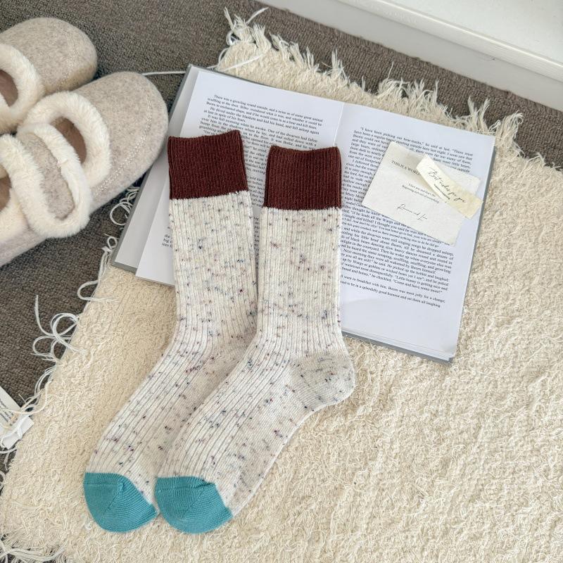 Spring Autumn Socks Double Needle Middle Tube Socks Thickened Warm Retro Women's Stacked Sports Socks Dot Yarn Korean INS Style