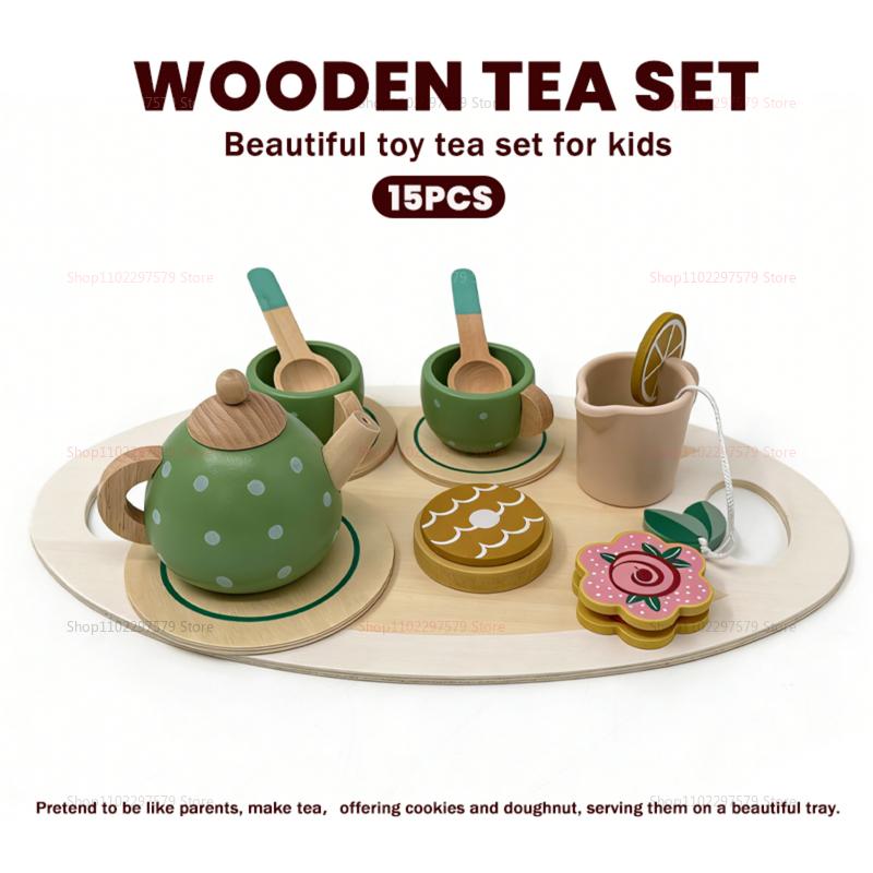Wooden Tea Set for Little Girls Play Food Pretend Play Kitchen Accessories for 3-5 Years Old Girls and Boys Tea Time Party Toys