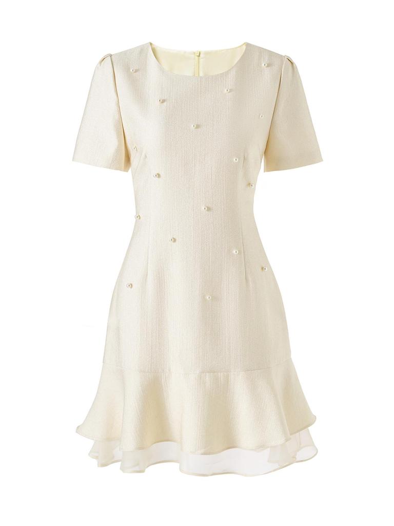 Elegant French Beaded Ruffle Hem Patchwork Gauze Dress for Women - Summer New Arrival
