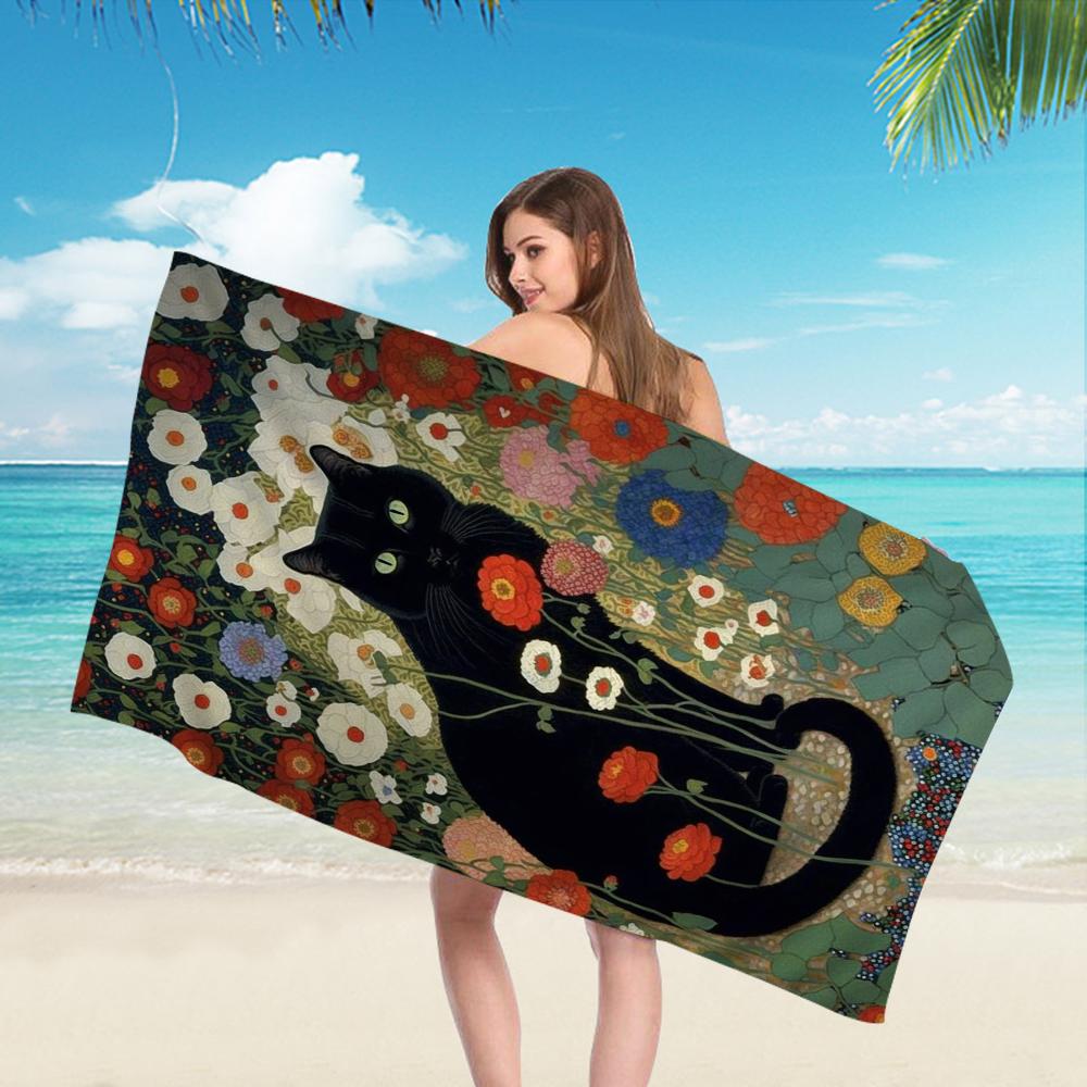 Schwarze Katze Kunst Ölgemälde Handtuch Mikrofaser Strandhandtuch Saugfähig Schnell trocknend Weich Yoga Schwimmen Resort Bergsteigen Handtuch