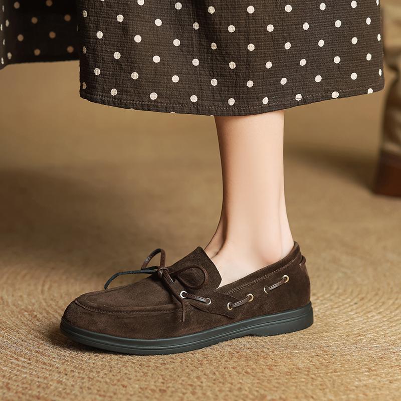 Fashion Size 34-40 Women Cow Suede Sneakers Real Leather Lace-Up Casual Low Heels Tennis Flats Shoes Classic Round Toe Daily Flat Shoes