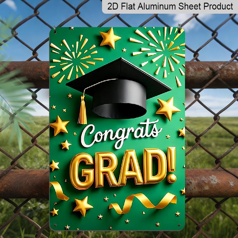 Plat 2D 1 pièce "Félicitations DIPLÔMÉ(E) !""" Panneau Décoratif Mural en Métal Aluminium - 20x30 cm Décor de Remise de Diplôme Vert & Doré, Art Mural Chapeau de Diplômé & Feux d'Artifice, Parfait pour"""