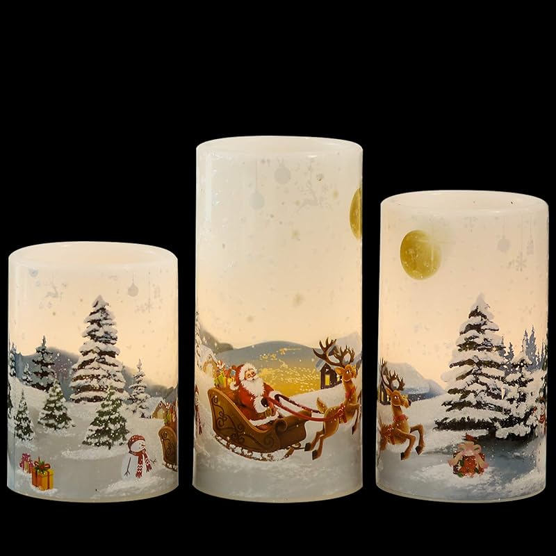 GenSwin Christmas Snowman Flameless Candles Flickering Battery Operated with Timer, Real Wax Led Pillar Candles Warm Light, Christmas Snowman Deer