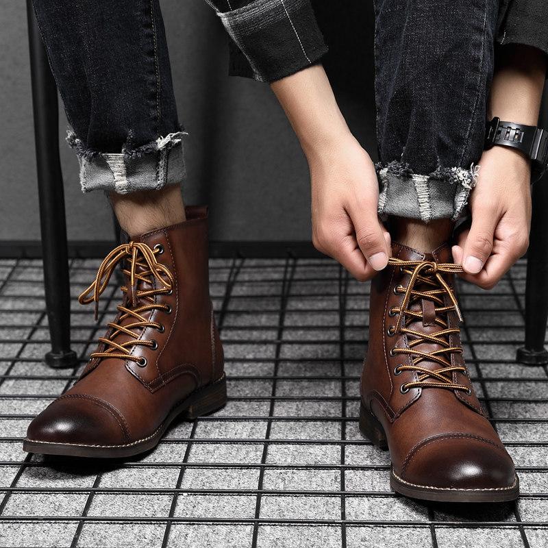 Amerikanische Cowboystiefel Herren Leder High-Top-Stiefel Britische Retro Lokomotive Stiefel Winter Samt Warm Martin Stiefel
