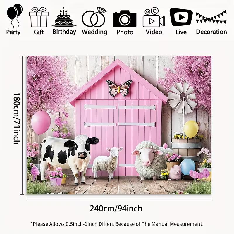 2D Flat Printing Pink Farm Animal Backdrop 210×150cm for Birthday