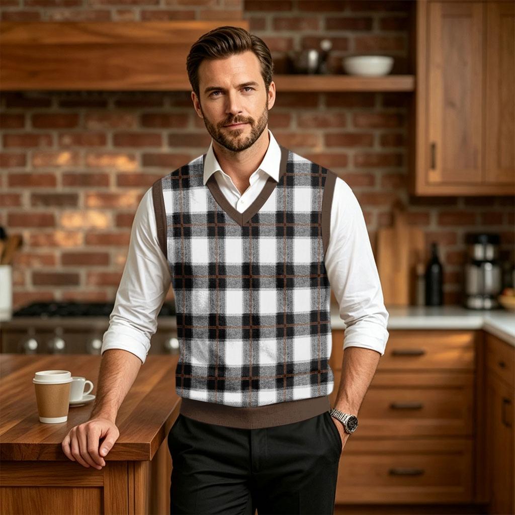 Men's Casual V-Neck Knit Vest with Plaid Print for Christmas Holiday and Daily Commute