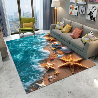Ocean Theme Effect Carpet Mat Rug Seashell Starfish Wave Pattern Non-Slip Durable Home Decoration Living Room Bedroom Floor Mat