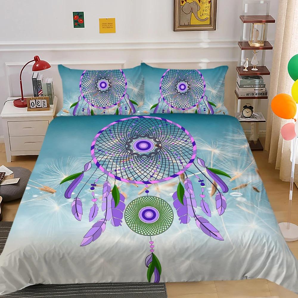 Dreamcatcher Duvet Cover Set Colourful Feather Flowers Sunset Background King Queen Size Comforter Cover for Girls Bedding Set