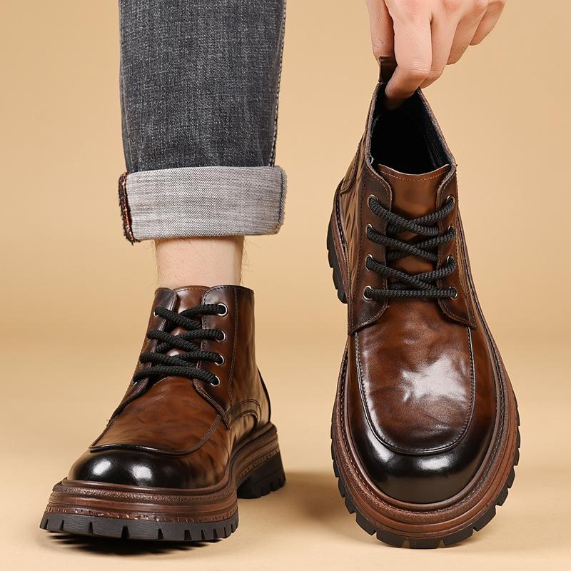 Black fashion Martin boots men's 2024 autumn and winter new velvet warm high-top cotton shoes Martin boots men