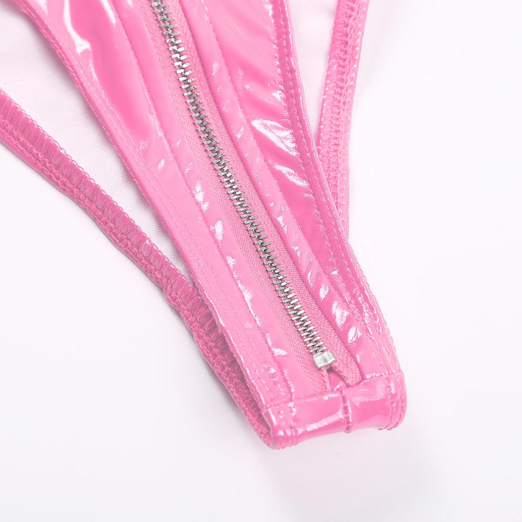 Dámské lesklé latexové šortky mokrého vzhledu s vysokým pasem na zip, rozkrok, drzé horké kalhoty