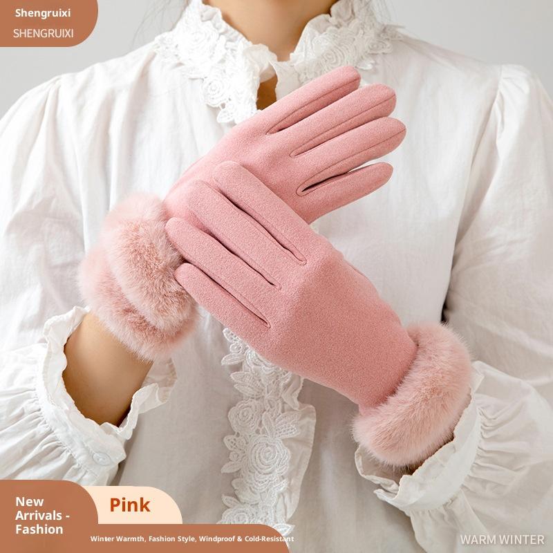 German Velvet Winter Gloves To Keep Warm Women's Winter Thickened and Fresh Cycling Hairy Mouth Cold-proof Outdoor Windproof Touch Screen Gloves