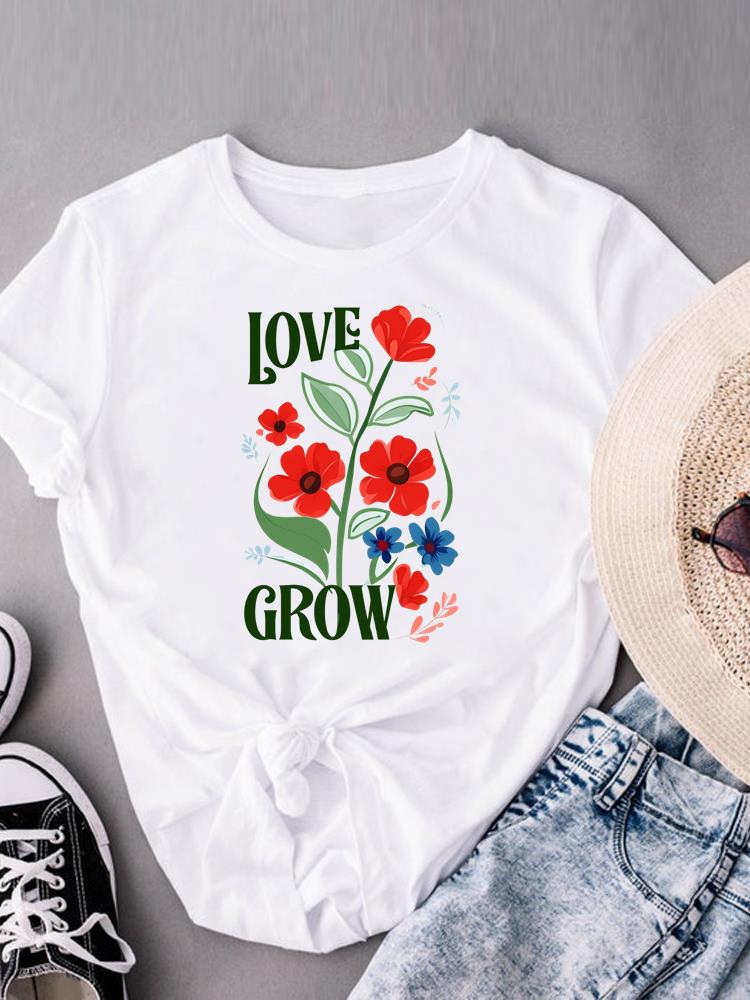 (Asian Size) Casual Women's Top Print flower style trend Short Sleeve T-shirts T Clothing O-neck Fashion Female Graphic Tee