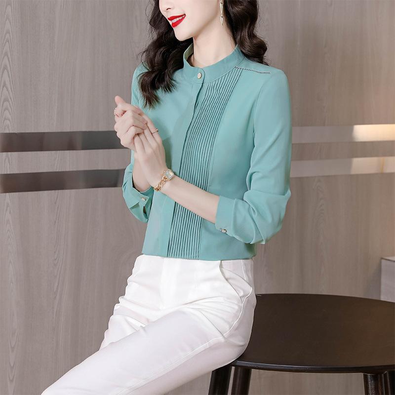 Frühlings- und Herbstsaison Neues Pendler-Stehkragen, plissiert einreihig, vielseitiges langärmeliges Hemd Basisschicht für Damen