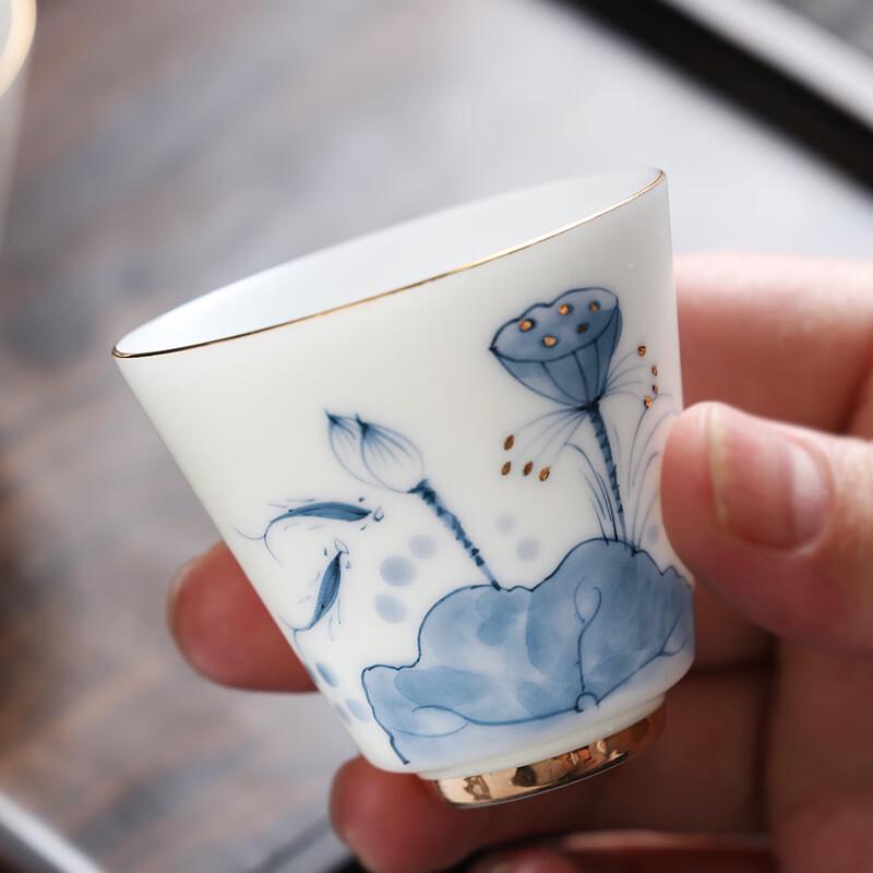 MULTIPOTENT Mutton-Fat Jade Style Green Lotus Hand-Painted Tea Cups (Set of 2)