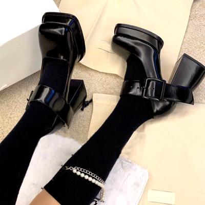 Thick -Soled Sponge Cake Mary Jane High Heels Women 'S Spring And Summer Retro French Niche Design Sense Jk Small Leather Shoes Square Toe