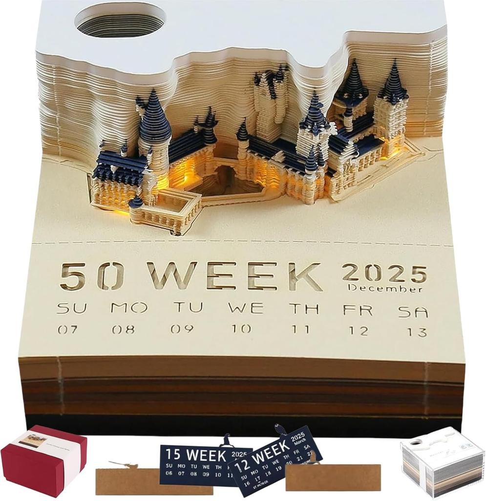 3D Memo Pads Calendar 2026,Magic Castle 3D DIY Art Memo Pad with Lights,Time Piece Calendar 2025 Tear Away Carving Sticky DIY Post Craft(Magic Castle)