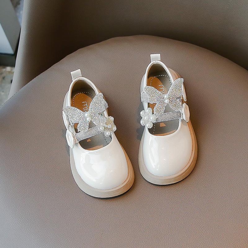 Sweet Princess Kids Leather Shoes Butterfly Rhinestones Cute Round-toe Children Fashion Girls Loafers Versatile Soft Breatheable