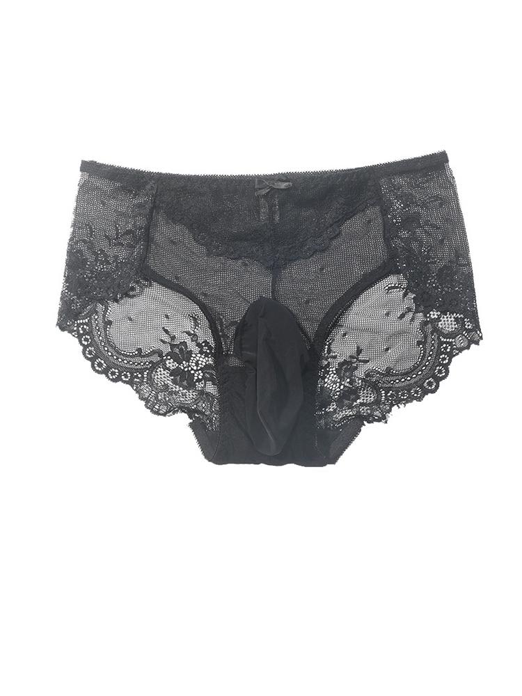 Sexy Low Waist Men'S Lace Panties Bulge Pouch Convex Sheath Exotic Gay Underwear Mesh Sheer Briefs Breathable Underpant Lingerie