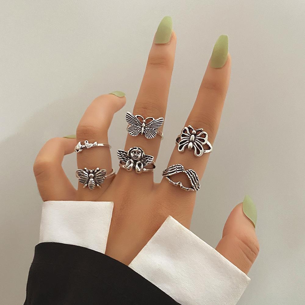 Squelette Palm Halloween Horreur Ange Fille Papillon Évidé Bijoux Bague Ensemble