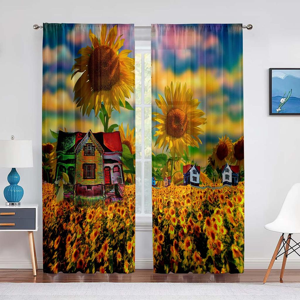 Ölgemälde Sonnenblumen Gelbe Blumen Kunstwerk Tüllvorhänge für Wohnzimmer Schlafzimmer Chiffon Transparent Voile Küchenfenstervorhang