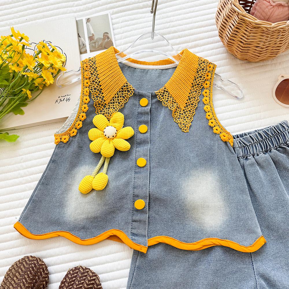 Girls Summer Thin Denim Two Piece Set Cute Bow Sleeveless Vest And Shorts Outfit Fashionable Kids Clothing