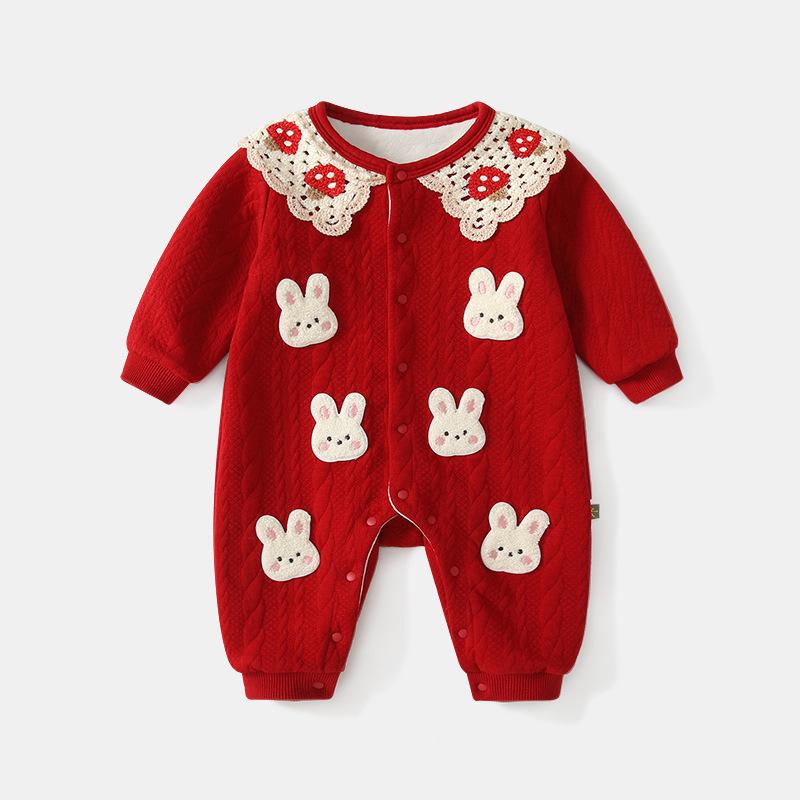 

Festive Red Baby Girl Winter Onesie with Little Rabbit - Long Sleeve Thick Outing Romper 80 cm
