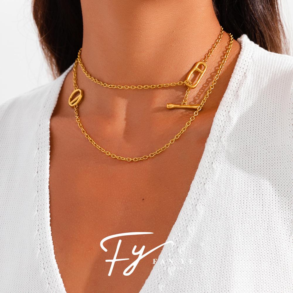 European & American Irregular Pig Nose OT Buckle Long Sweater Chain - High-End Stackable Stainless Steel Necklace for Women.