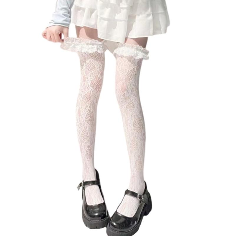 Ruffle Trim Fishnet Thigh Highs Stockings for Women Japanese Style JK Girl Hollowed Out Flower Lace Over Knee Long Socks белый