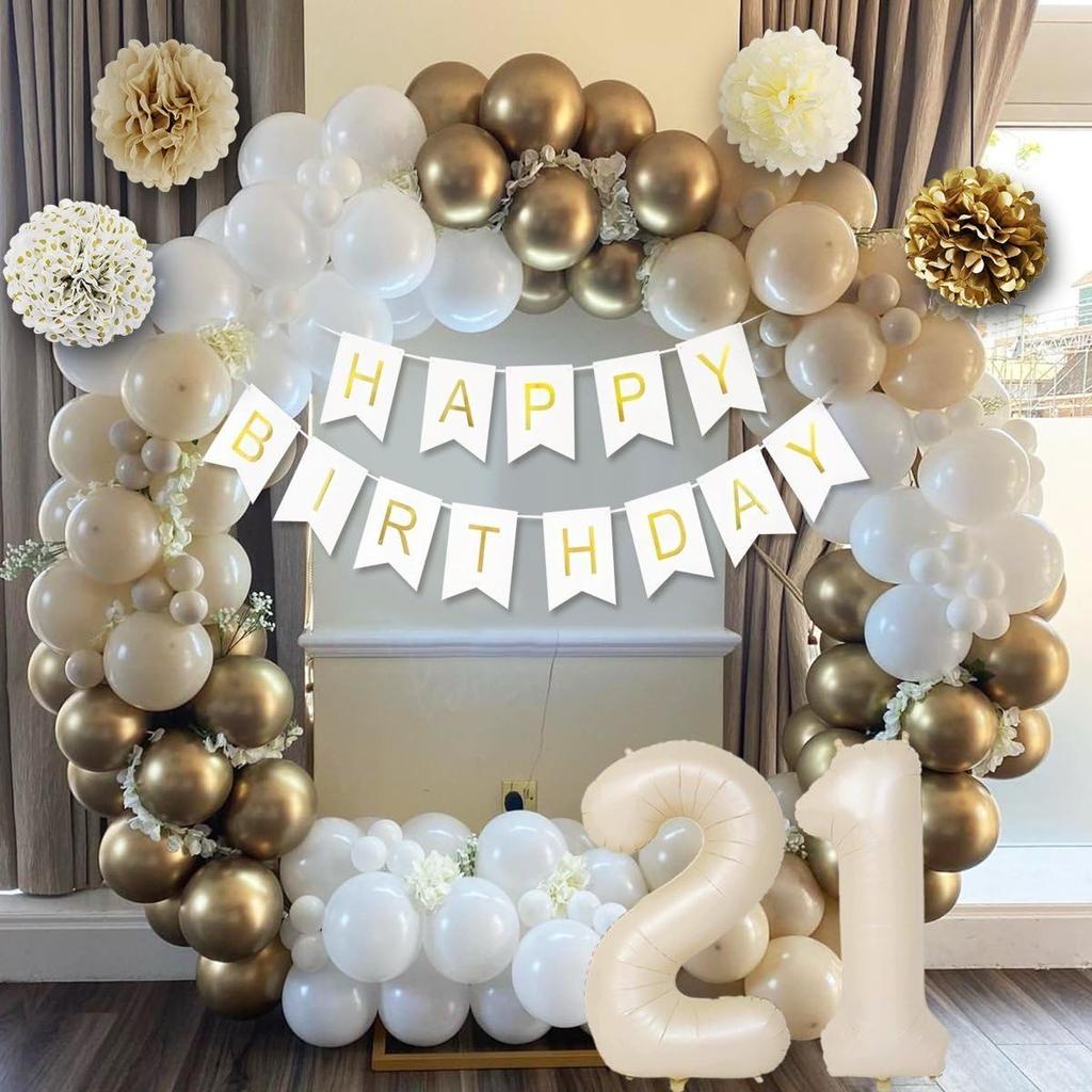 21st Birthday Decorations for Her, Happy 21st Bday Decorations White and Gold Balloons Happy Birthday Banner Tablecloth Fringe Curtain Cake Topper