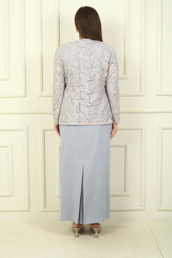 Yakası Boncuk Nakışlı Uzun Elbise Boncuk Pul Nakışlı Ceket Astarlı Büyük Beden 2'li Takım