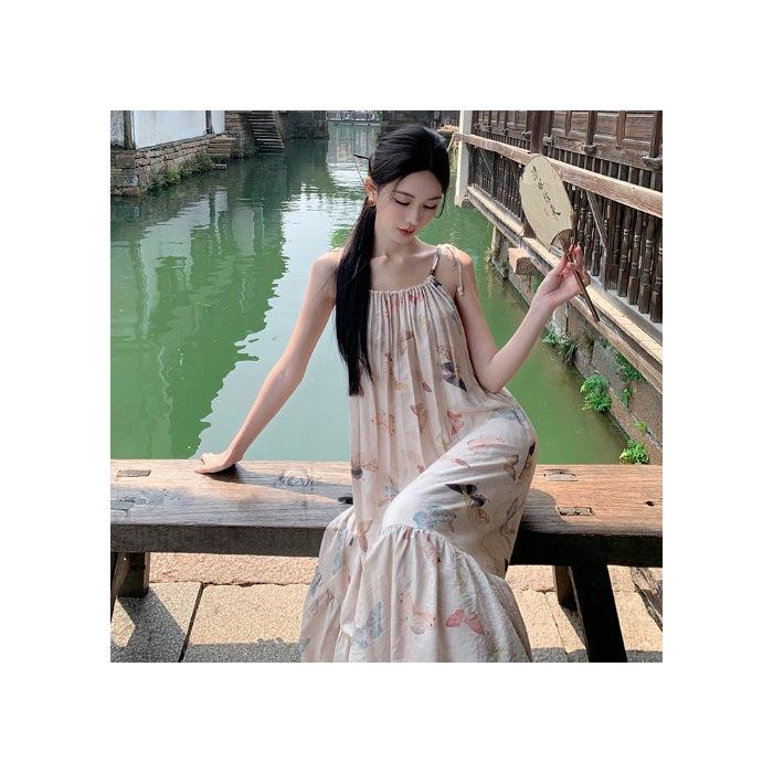 Butterfly print floral beaded suspender skirt summer women s lace medium and long lace-up holiday dress S