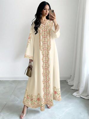 Vestido Largo Casual Musulmán con Estampado Floral para Mujer, Manga de Campana Suelta, Cuello en V, Primavera/Otoño 2026