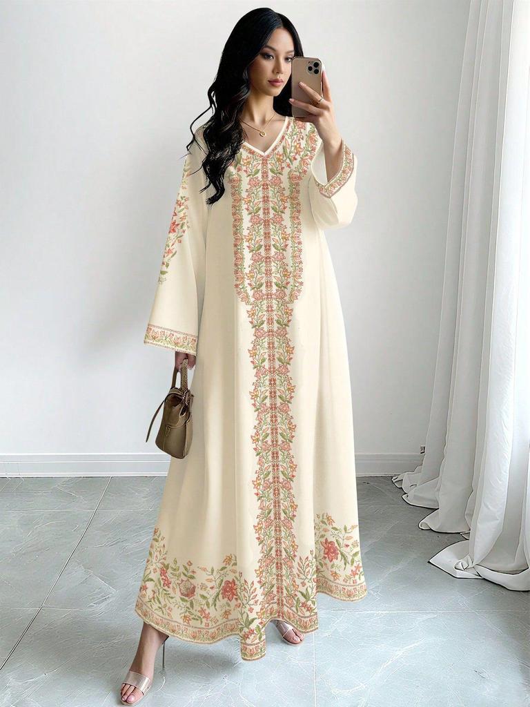 2026 Spring/Autumn Women's Floral Print Muslim Casual V-Neck Loose Bell Sleeve Long Dress